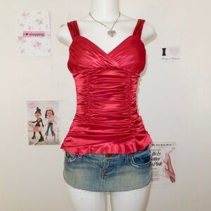 XOXO Collection Red Ruched V Neck Spaghetti Strap babydoll y2k Cami Top Size S